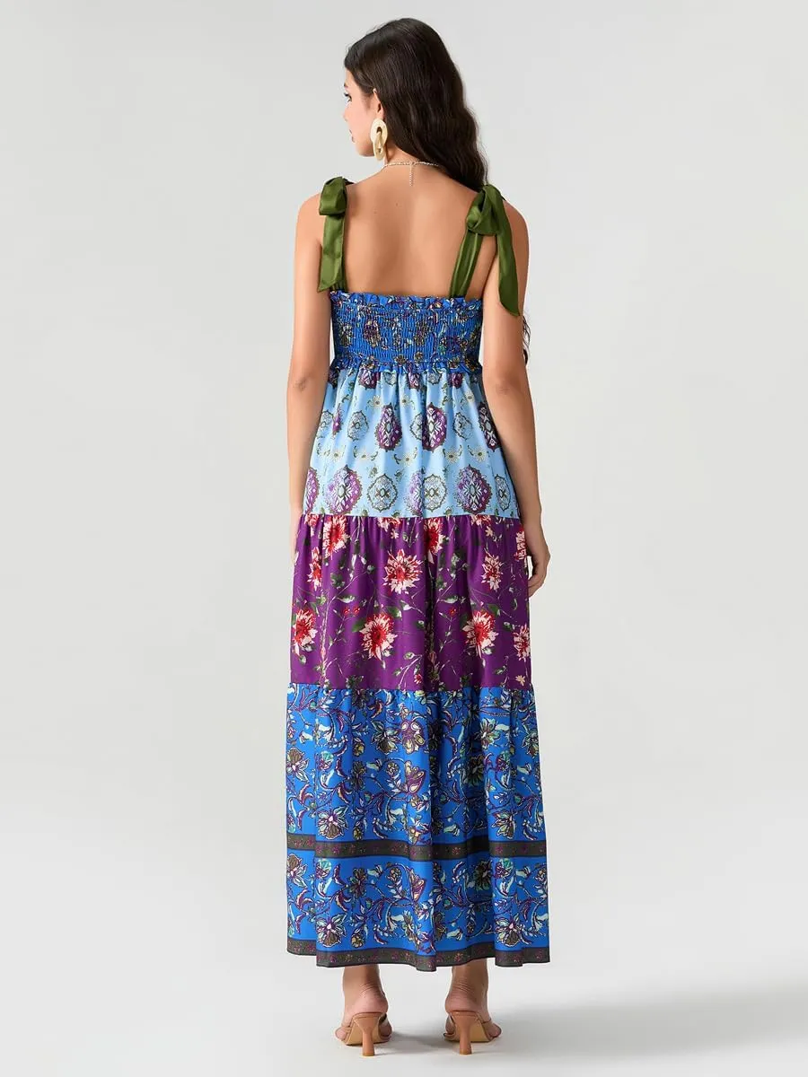 Women Summer Floral Spaghetti Strap Dress Flowy Smocked Tie Up Shoulder Boho Maxi Flowy Swing Dress Y2K Beach Sundress