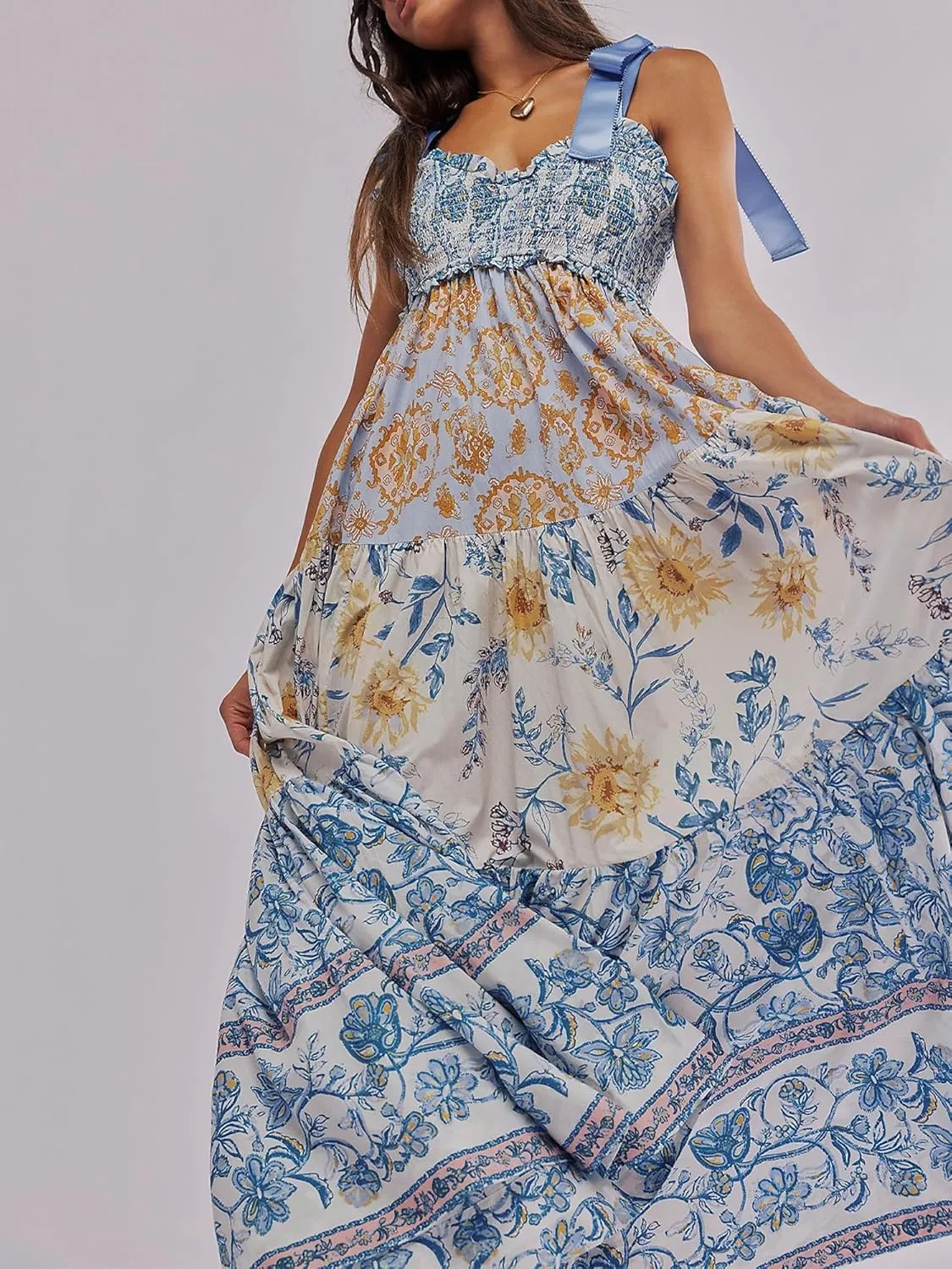 Women Summer Floral Spaghetti Strap Dress Flowy Smocked Tie Up Shoulder Boho Maxi Flowy Swing Dress Y2K Beach Sundress