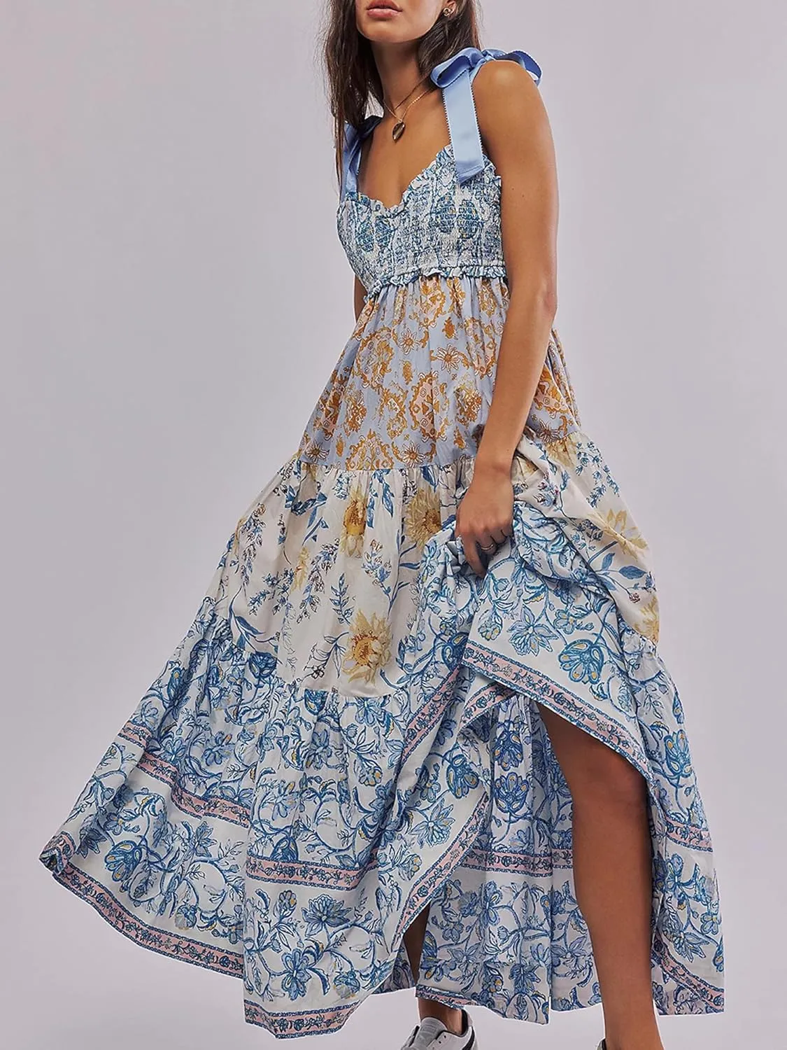 Women Summer Floral Spaghetti Strap Dress Flowy Smocked Tie Up Shoulder Boho Maxi Flowy Swing Dress Y2K Beach Sundress