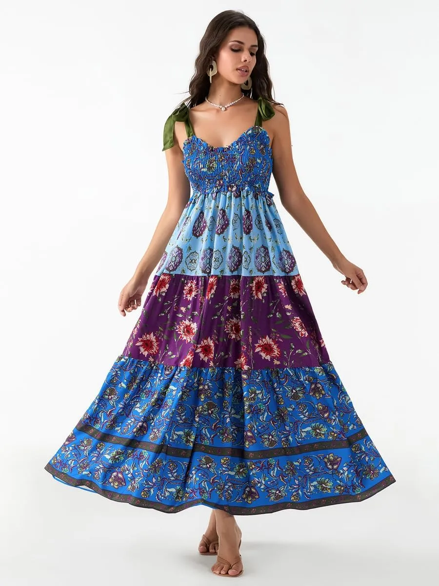 Women Summer Floral Spaghetti Strap Dress Flowy Smocked Tie Up Shoulder Boho Maxi Flowy Swing Dress Y2K Beach Sundress