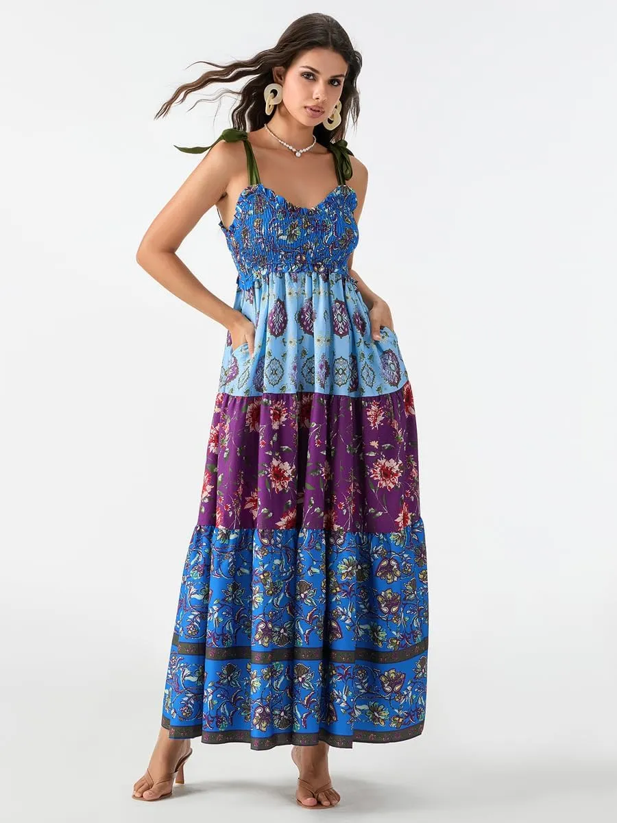 Women Summer Floral Spaghetti Strap Dress Flowy Smocked Tie Up Shoulder Boho Maxi Flowy Swing Dress Y2K Beach Sundress