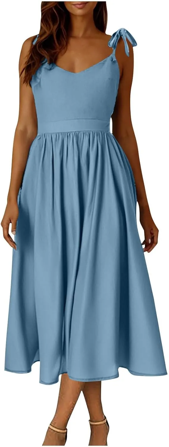Women's 2025 Summer Casual Dress Spaghetti Strap Smocked Waist Elegant Sexy Dresses Backless Suspender Midi Sundress