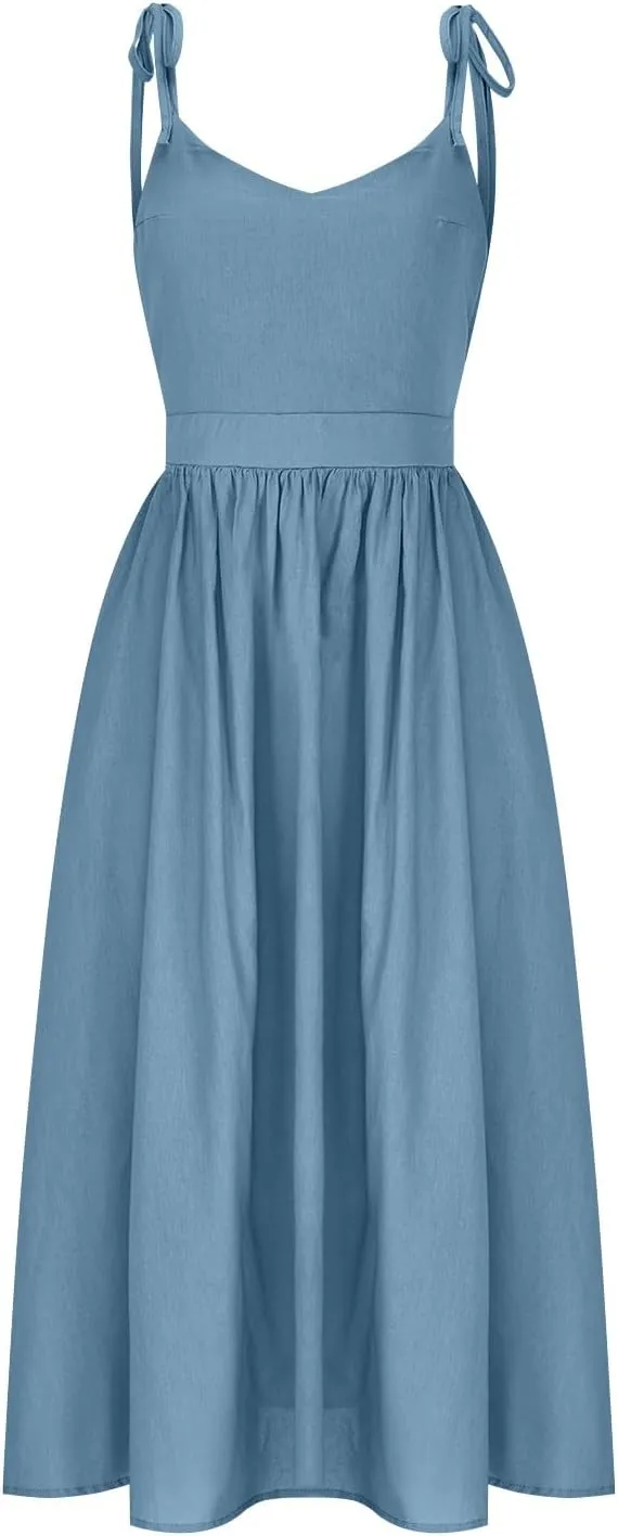 Women's 2025 Summer Casual Dress Spaghetti Strap Smocked Waist Elegant Sexy Dresses Backless Suspender Midi Sundress