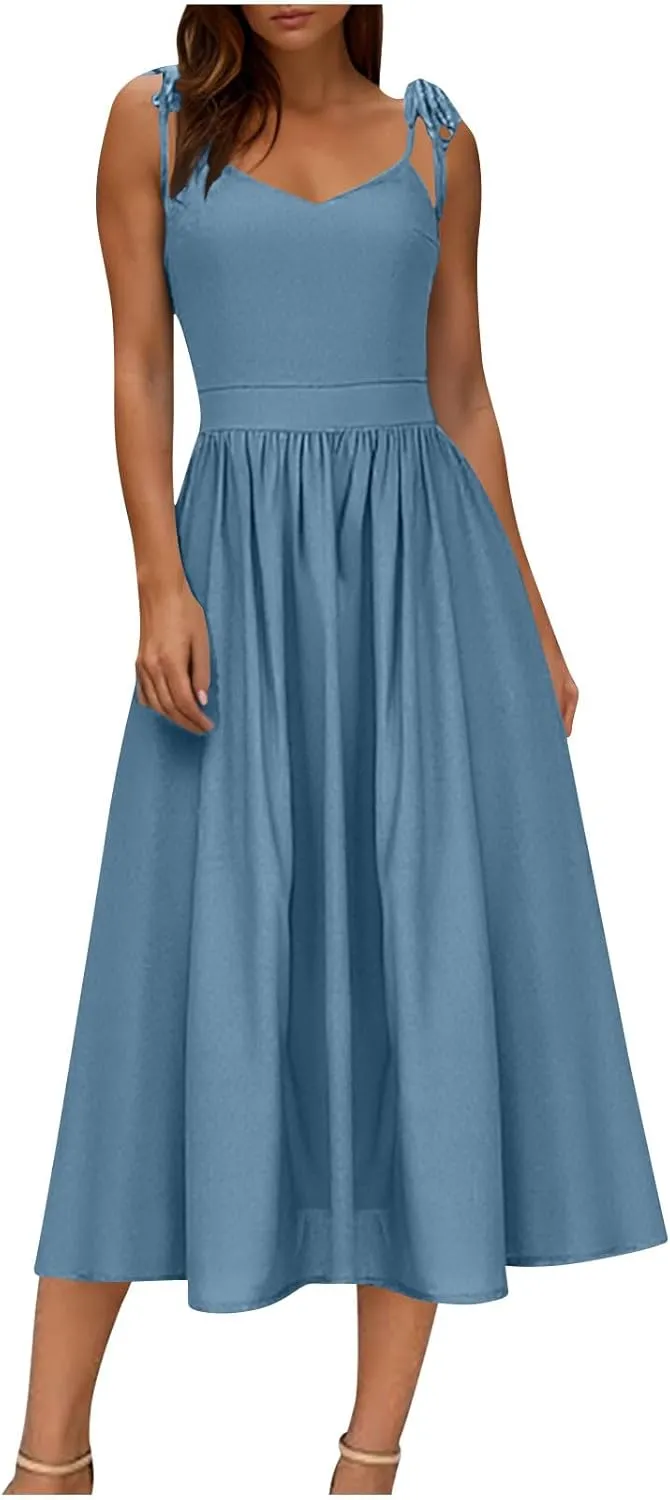 Women's 2025 Summer Casual Dress Spaghetti Strap Smocked Waist Elegant Sexy Dresses Backless Suspender Midi Sundress
