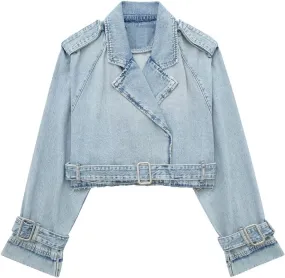 Women's Casual Lapel Short Denim Trench Jacket Cropped Pea Coat Crop Long Sleeve Jean Jackets Coats Outwear with Belt
