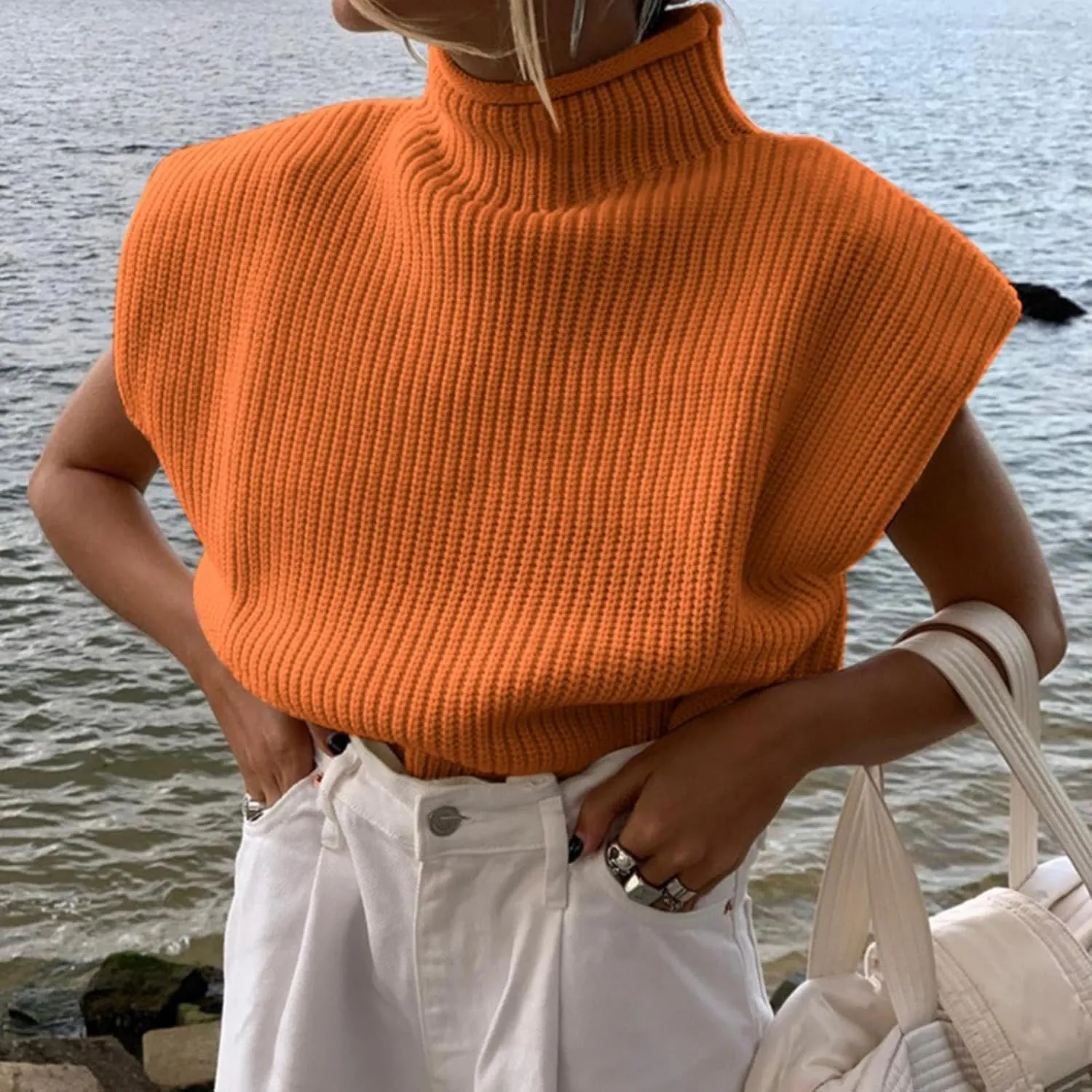 Women's Casual Solid Color Sleeveless High Neck Pullover Sweaters Autumn Winter Soft Cozy Oversize Loose Fit Knit Sweatshirts