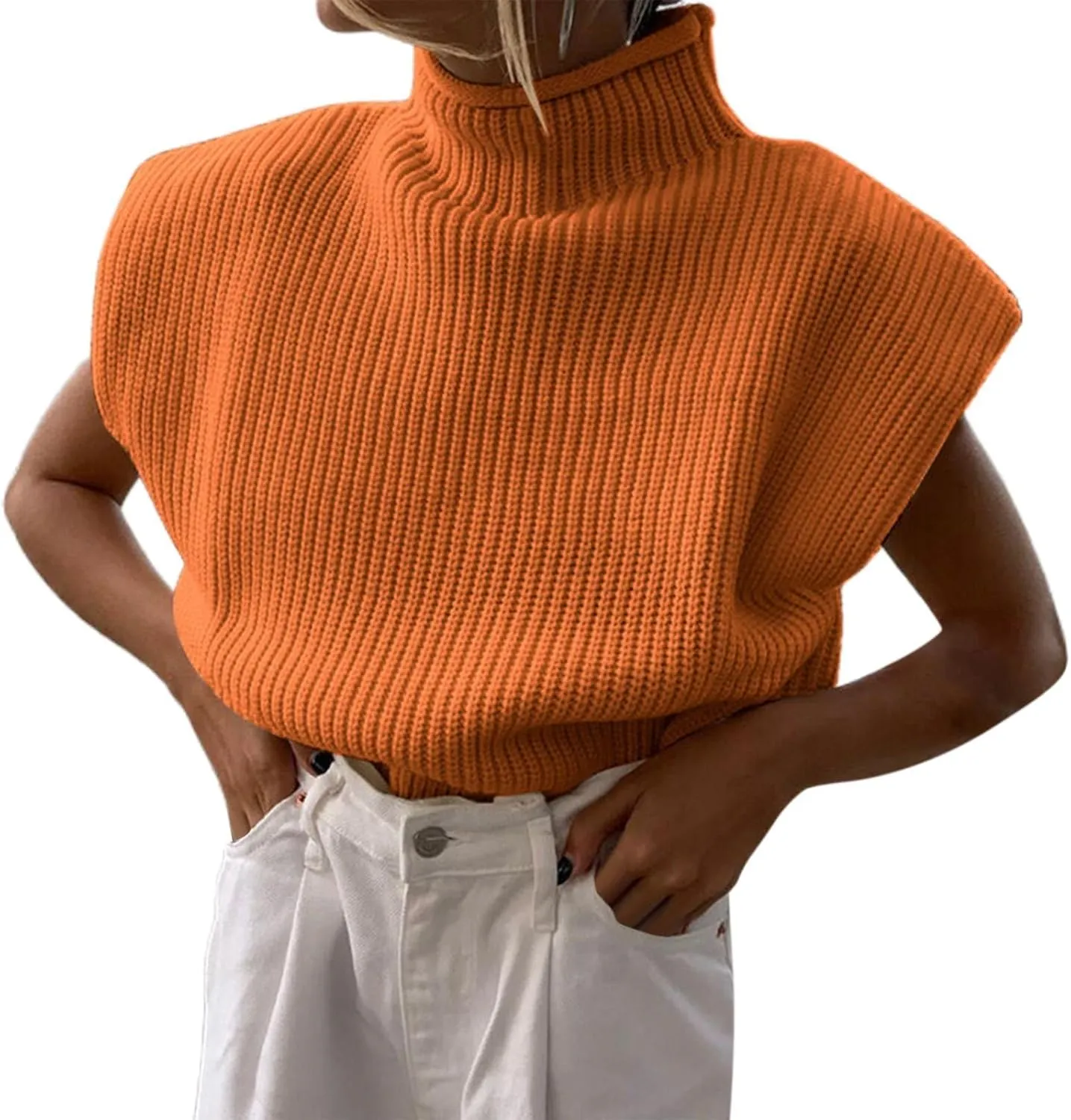 Women's Casual Solid Color Sleeveless High Neck Pullover Sweaters Autumn Winter Soft Cozy Oversize Loose Fit Knit Sweatshirts