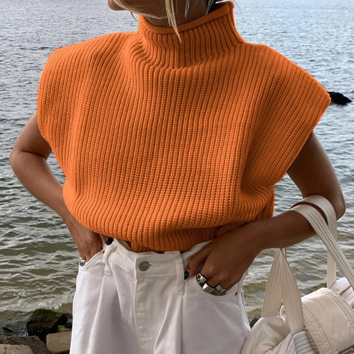 Women's Casual Solid Color Sleeveless High Neck Pullover Sweaters Autumn Winter Soft Cozy Oversize Loose Fit Knit Sweatshirts