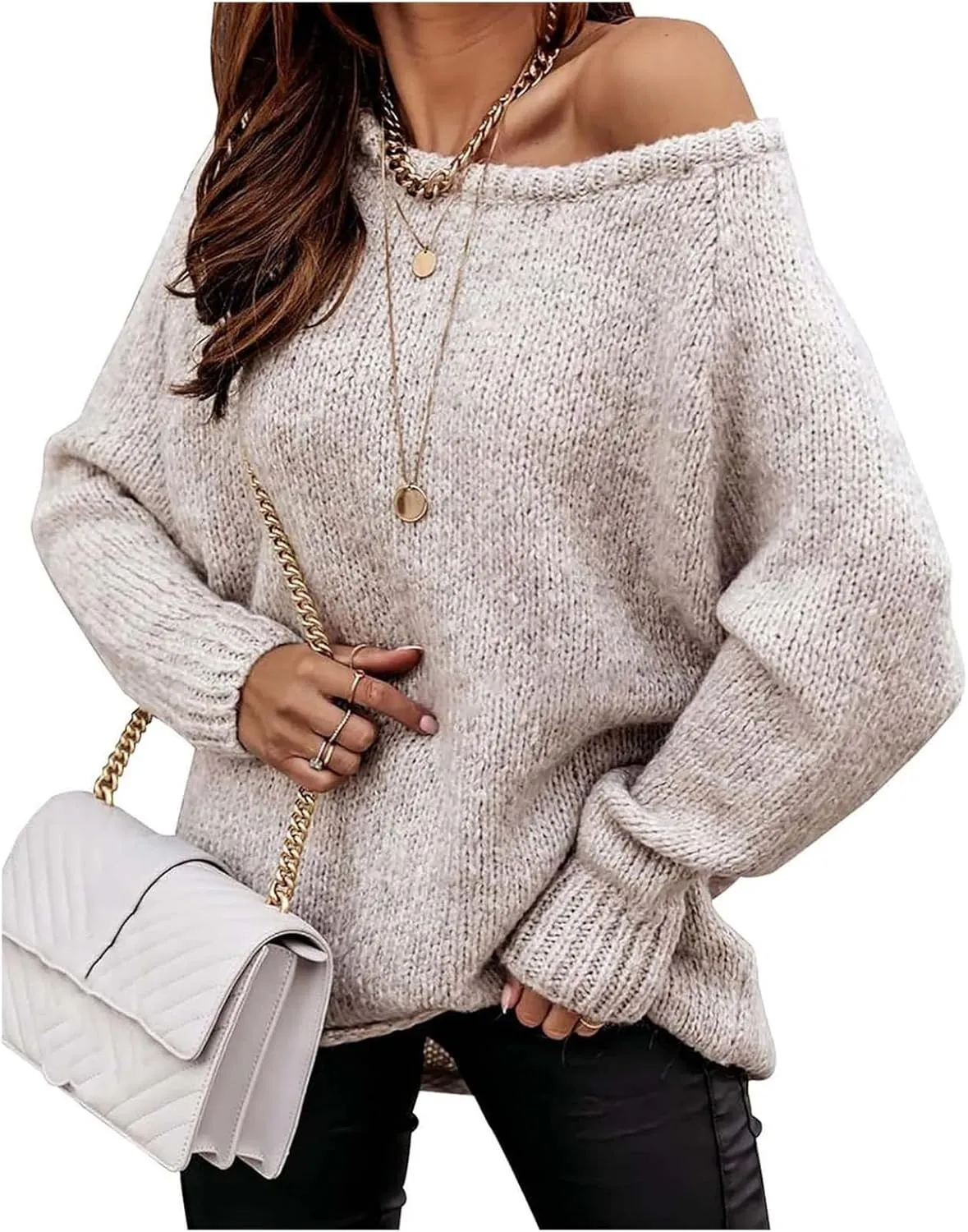 Womens Casual Sweaters Lightweight Long Sleeve Soft Ribbed Knitted Pullover Off Shoulder Loose Fit Jumper