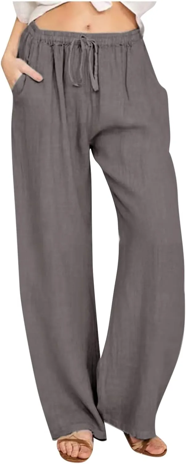 Women's Cotton Linen Palazzo Pants Wide Leg Beach Pants Summer Lightweight Pants Plus Size Lounge Pants with Pockets