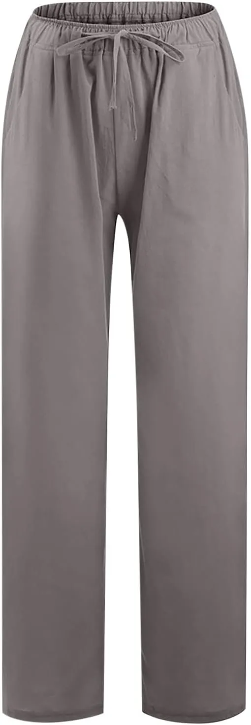 Women's Cotton Linen Palazzo Pants Wide Leg Beach Pants Summer Lightweight Pants Plus Size Lounge Pants with Pockets