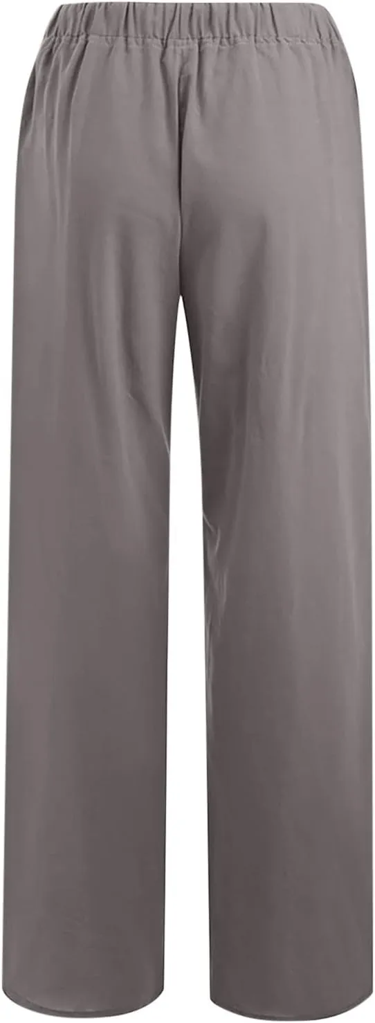 Women's Cotton Linen Palazzo Pants Wide Leg Beach Pants Summer Lightweight Pants Plus Size Lounge Pants with Pockets