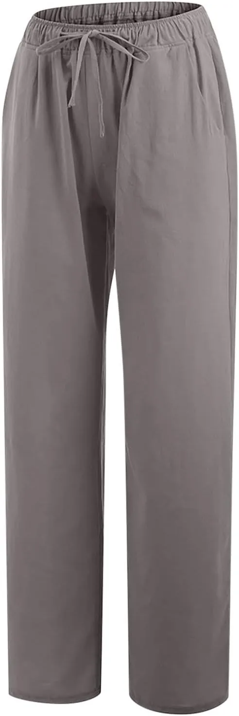 Women's Cotton Linen Palazzo Pants Wide Leg Beach Pants Summer Lightweight Pants Plus Size Lounge Pants with Pockets