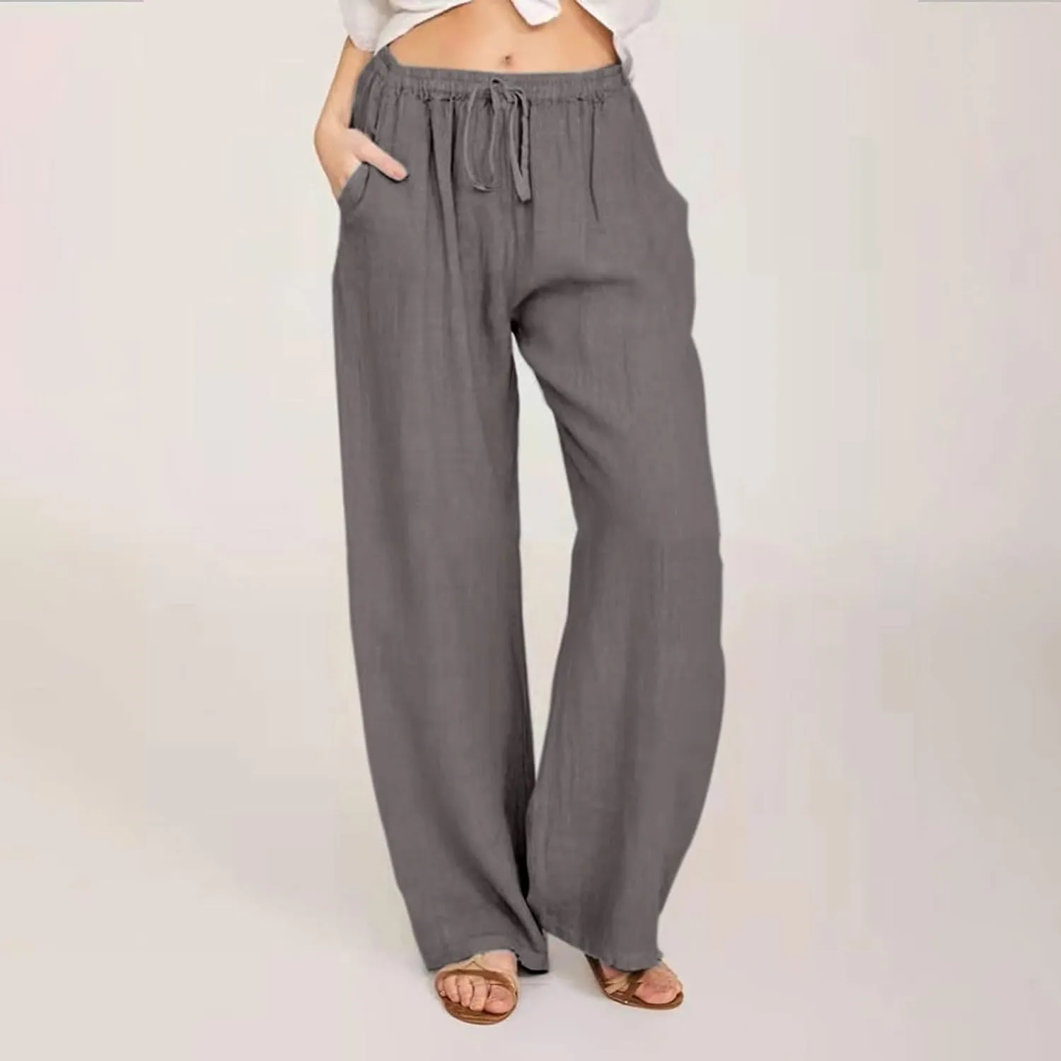 Women's Cotton Linen Palazzo Pants Wide Leg Beach Pants Summer Lightweight Pants Plus Size Lounge Pants with Pockets