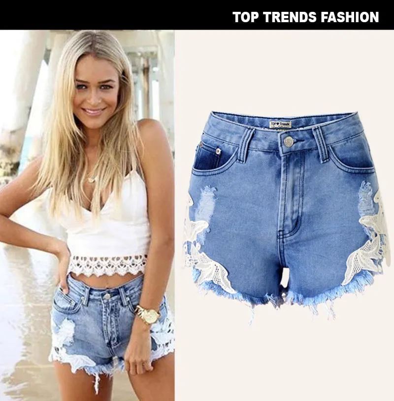 Women's Cutoff Pocket Distressed Ripped Jean Denim Shorts Lace Beach Vacation Bohemian Western Hot Pants