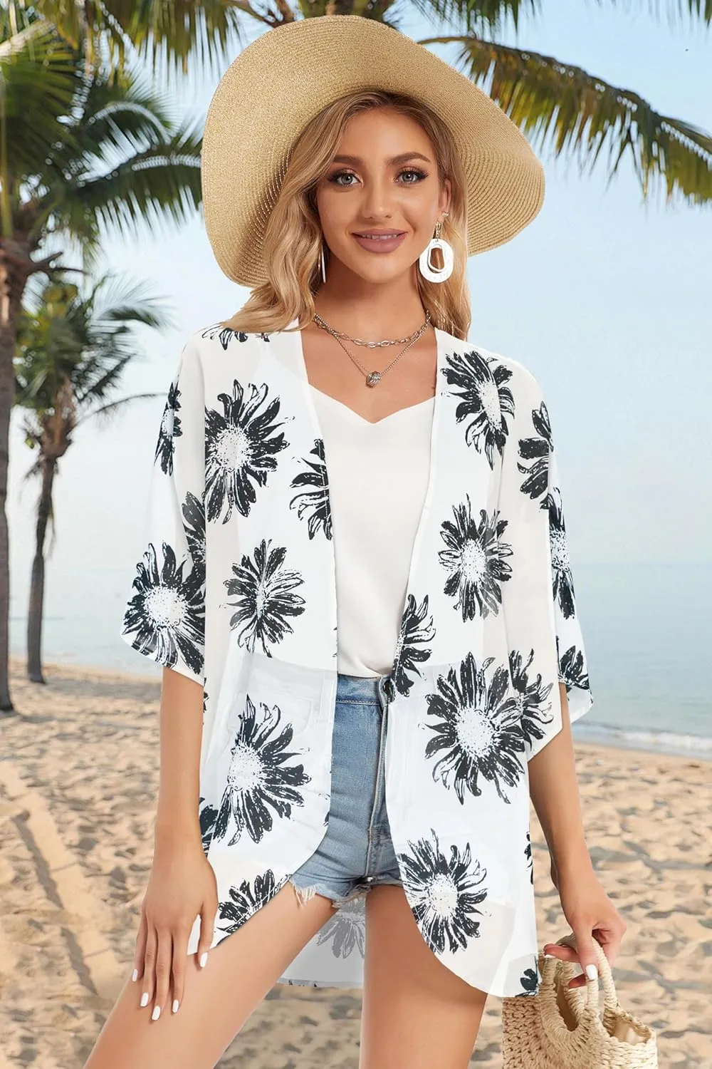 Women's Floral Print Puff Sleeve Kimono Cardigan Loose Cover Up Casual Blouse Tops