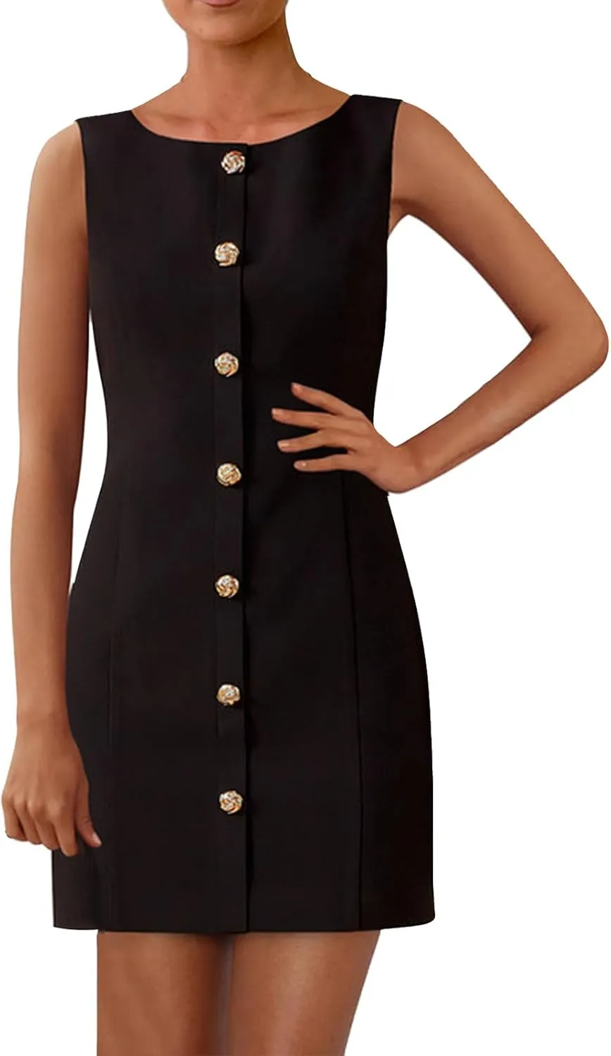 Womens Formal Dress Sleeveless Button Down Crewneck Mini Dress Summer Elegant Business Work Office Short Dresses