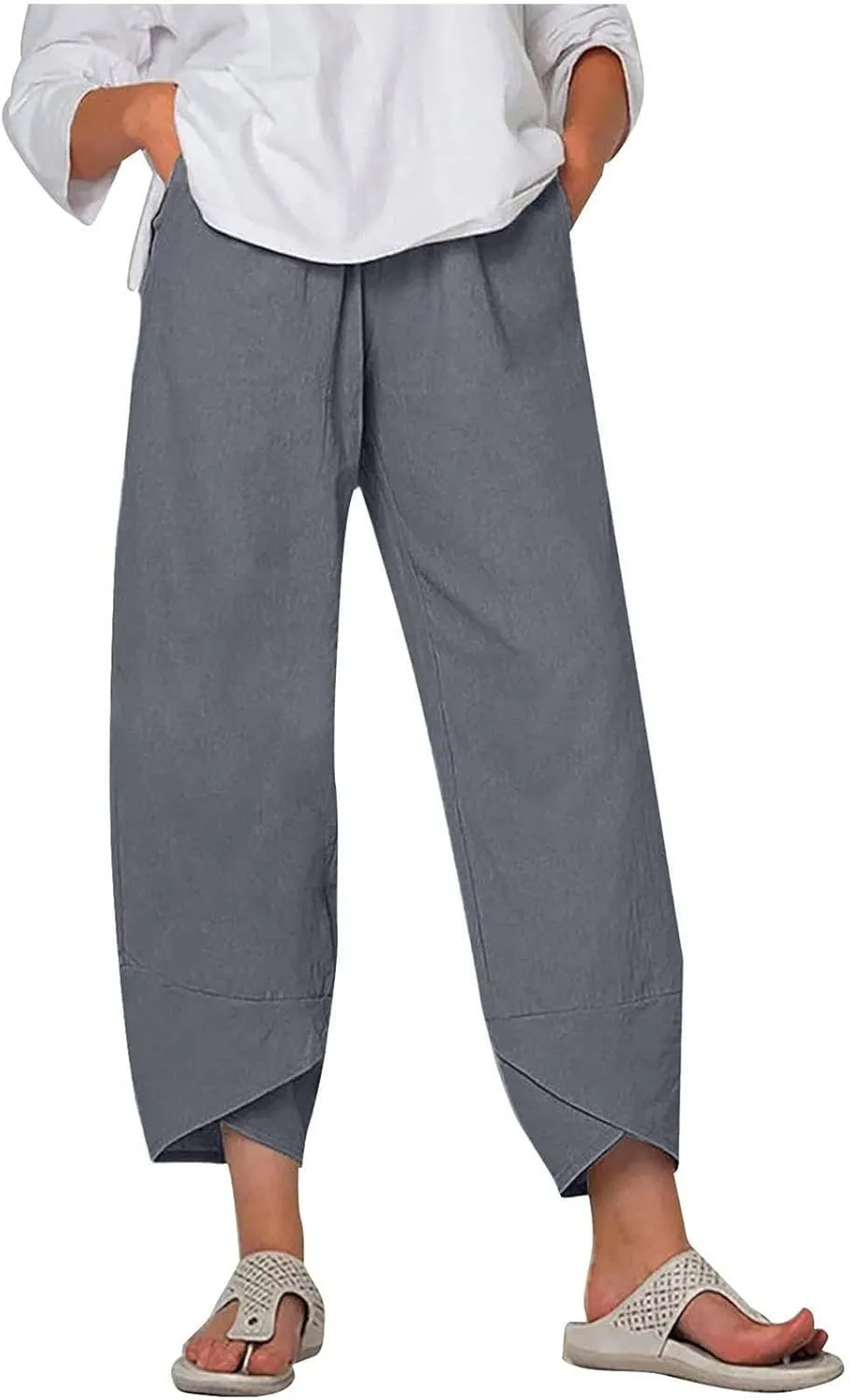 Women's Linen Capri Pants with Pockets Petite Summer Beachwear Lightweight Elastic Waist Pants Casual Tapered Trousers