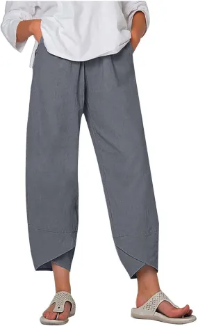 Women's Linen Capri Pants with Pockets Petite Summer Beachwear Lightweight Elastic Waist Pants Casual Tapered Trousers