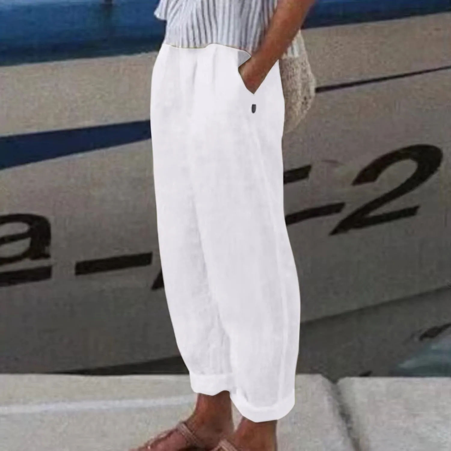 Womens Linen Pants with Pockets High Waist Comfy Casual Pants Lightweight Loose Trousers Straight Leg Baggy Trousers