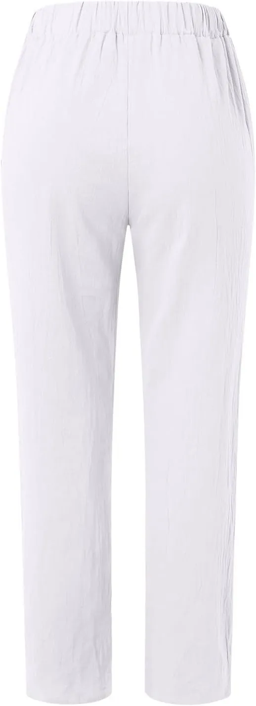 Womens Linen Pants with Pockets High Waist Comfy Casual Pants Lightweight Loose Trousers Straight Leg Baggy Trousers