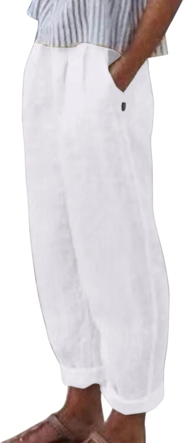 Womens Linen Pants with Pockets High Waist Comfy Casual Pants Lightweight Loose Trousers Straight Leg Baggy Trousers