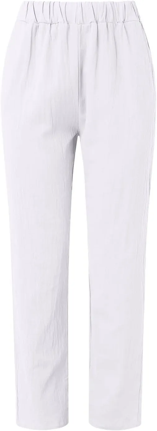 Womens Linen Pants with Pockets High Waist Comfy Casual Pants Lightweight Loose Trousers Straight Leg Baggy Trousers