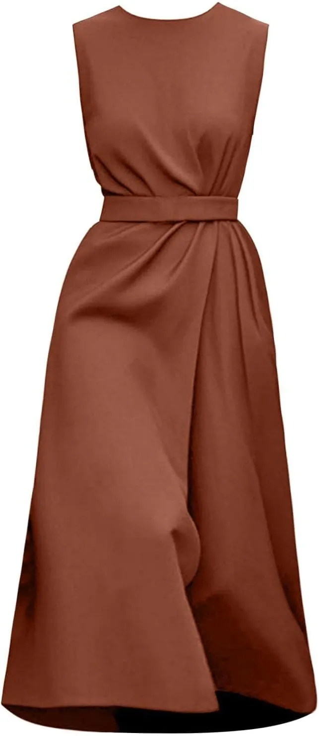 Womens Midi Dresses Sleeveless Belted Formal Wedding Guest Dress Summer Elegant Work Business Loose Plain Dress