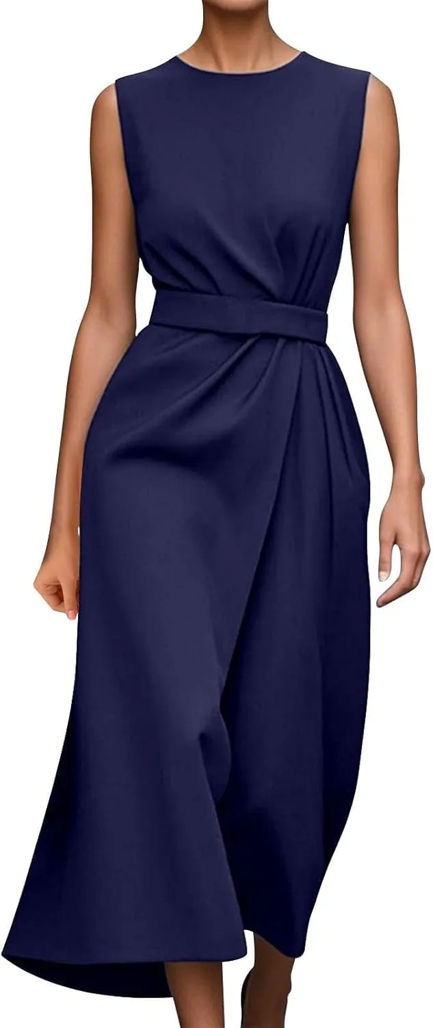 Womens Midi Dresses Sleeveless Belted Formal Wedding Guest Dress Summer Elegant Work Business Loose Plain Dress