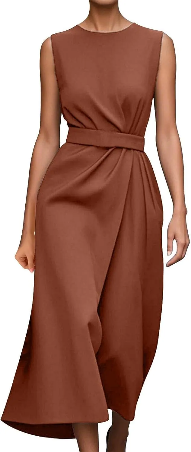 Womens Midi Dresses Sleeveless Belted Formal Wedding Guest Dress Summer Elegant Work Business Loose Plain Dress