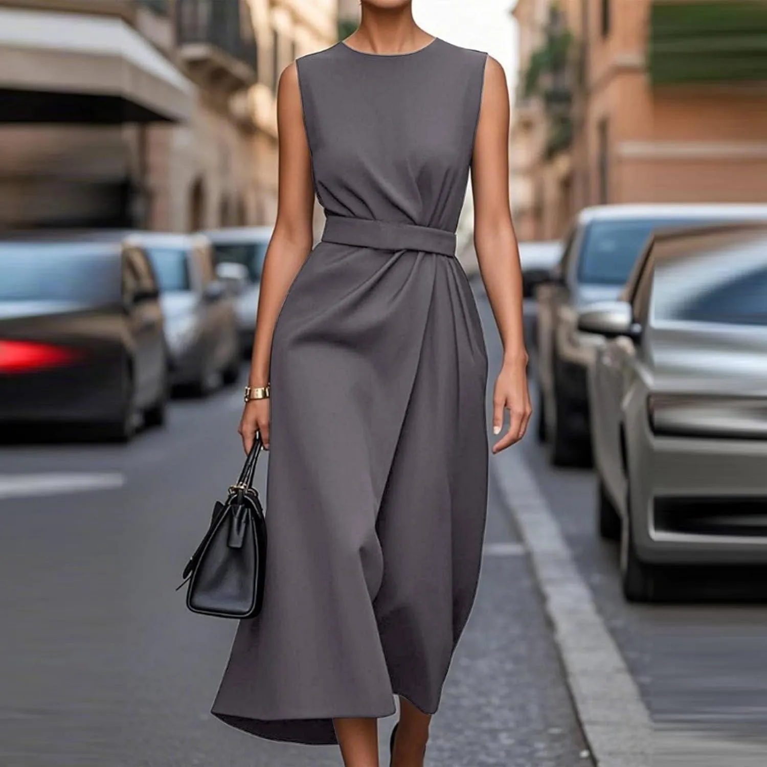 Womens Midi Dresses Sleeveless Belted Formal Wedding Guest Dress Summer Elegant Work Business Loose Plain Dress