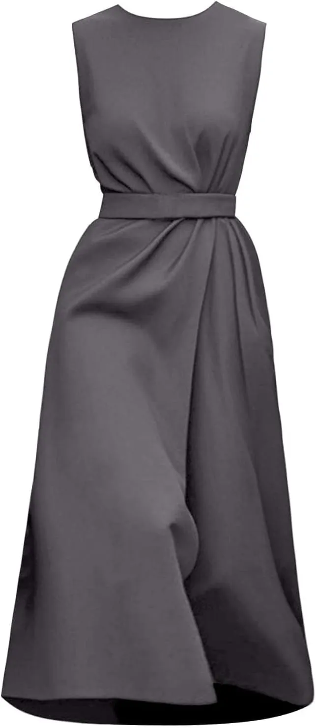 Womens Midi Dresses Sleeveless Belted Formal Wedding Guest Dress Summer Elegant Work Business Loose Plain Dress