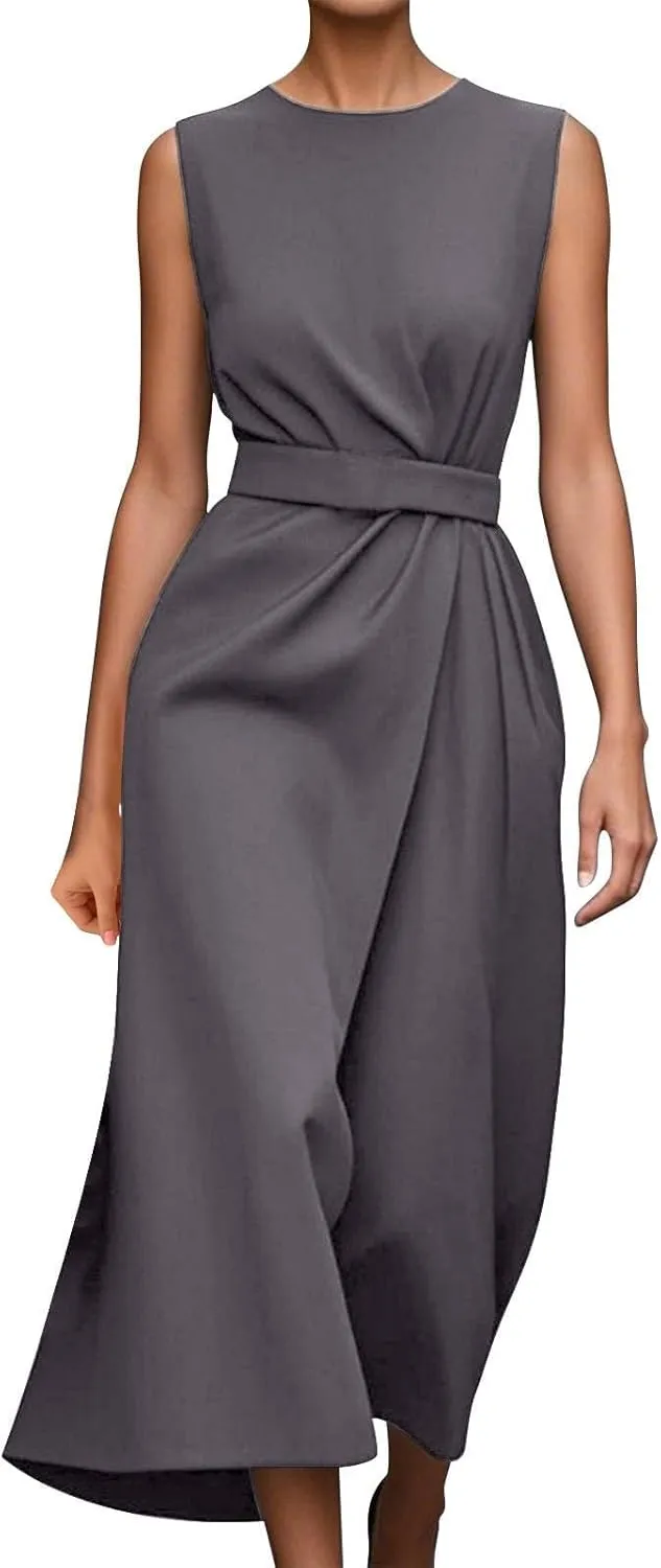 Womens Midi Dresses Sleeveless Belted Formal Wedding Guest Dress Summer Elegant Work Business Loose Plain Dress