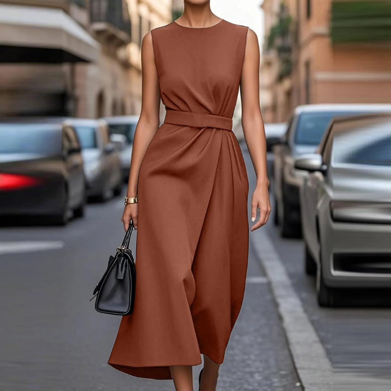 Womens Midi Dresses Sleeveless Belted Formal Wedding Guest Dress Summer Elegant Work Business Loose Plain Dress