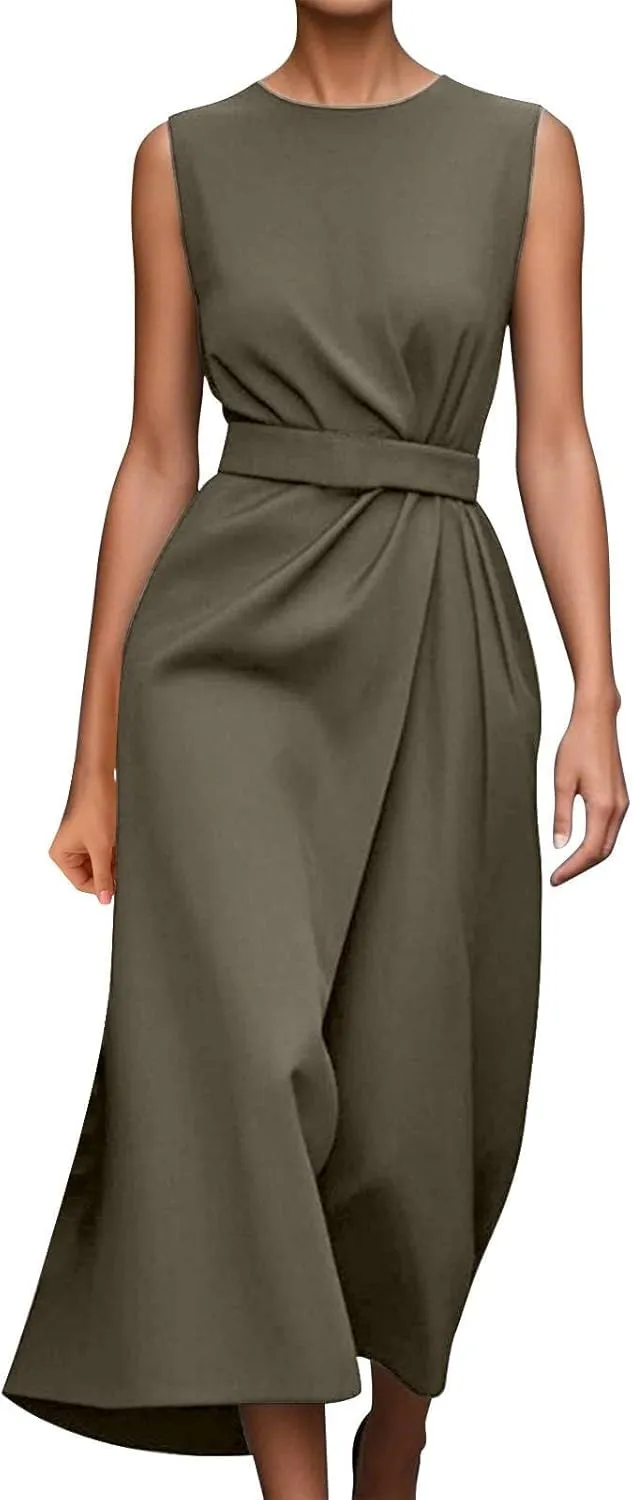 Womens Midi Dresses Sleeveless Belted Formal Wedding Guest Dress Summer Elegant Work Business Loose Plain Dress