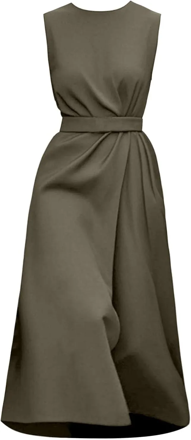 Womens Midi Dresses Sleeveless Belted Formal Wedding Guest Dress Summer Elegant Work Business Loose Plain Dress
