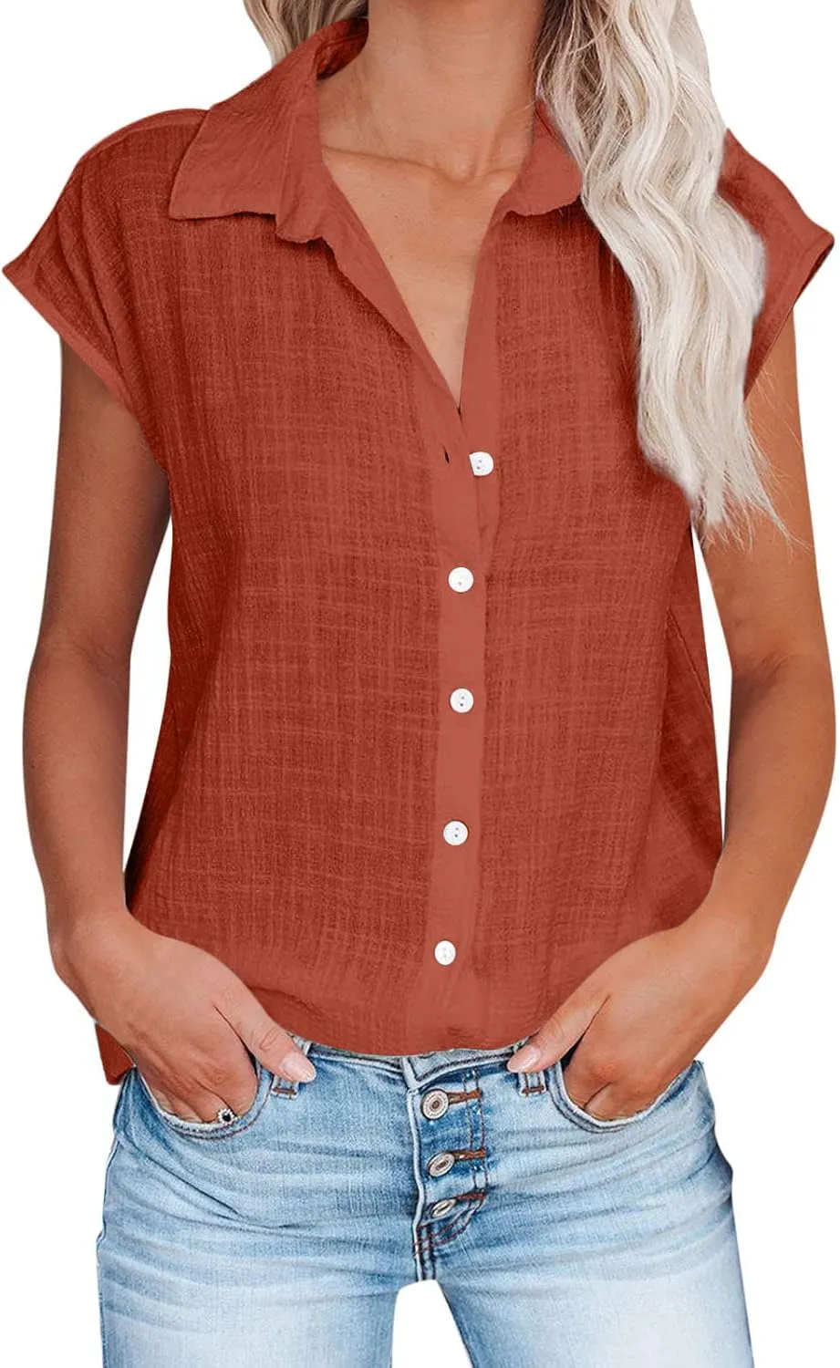 Womens Shirts Cap Sleeve Cotton Linen Fashion Button Up Blouses Top Solid Color Loose Soft Business Work 2025 T-Shirt