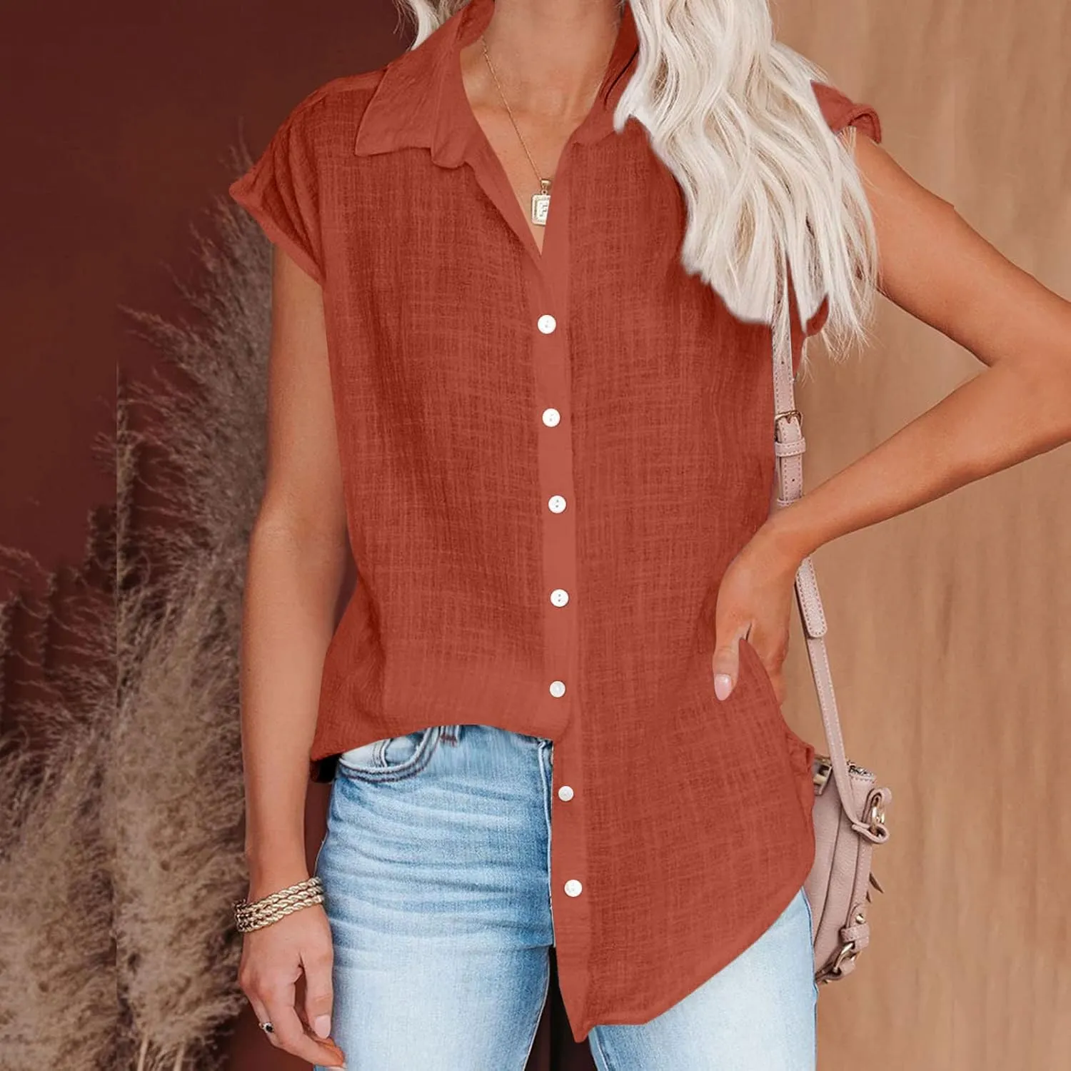 Womens Shirts Cap Sleeve Cotton Linen Fashion Button Up Blouses Top Solid Color Loose Soft Business Work 2025 T-Shirt