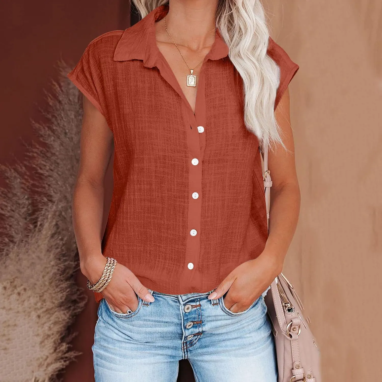 Womens Shirts Cap Sleeve Cotton Linen Fashion Button Up Blouses Top Solid Color Loose Soft Business Work 2025 T-Shirt