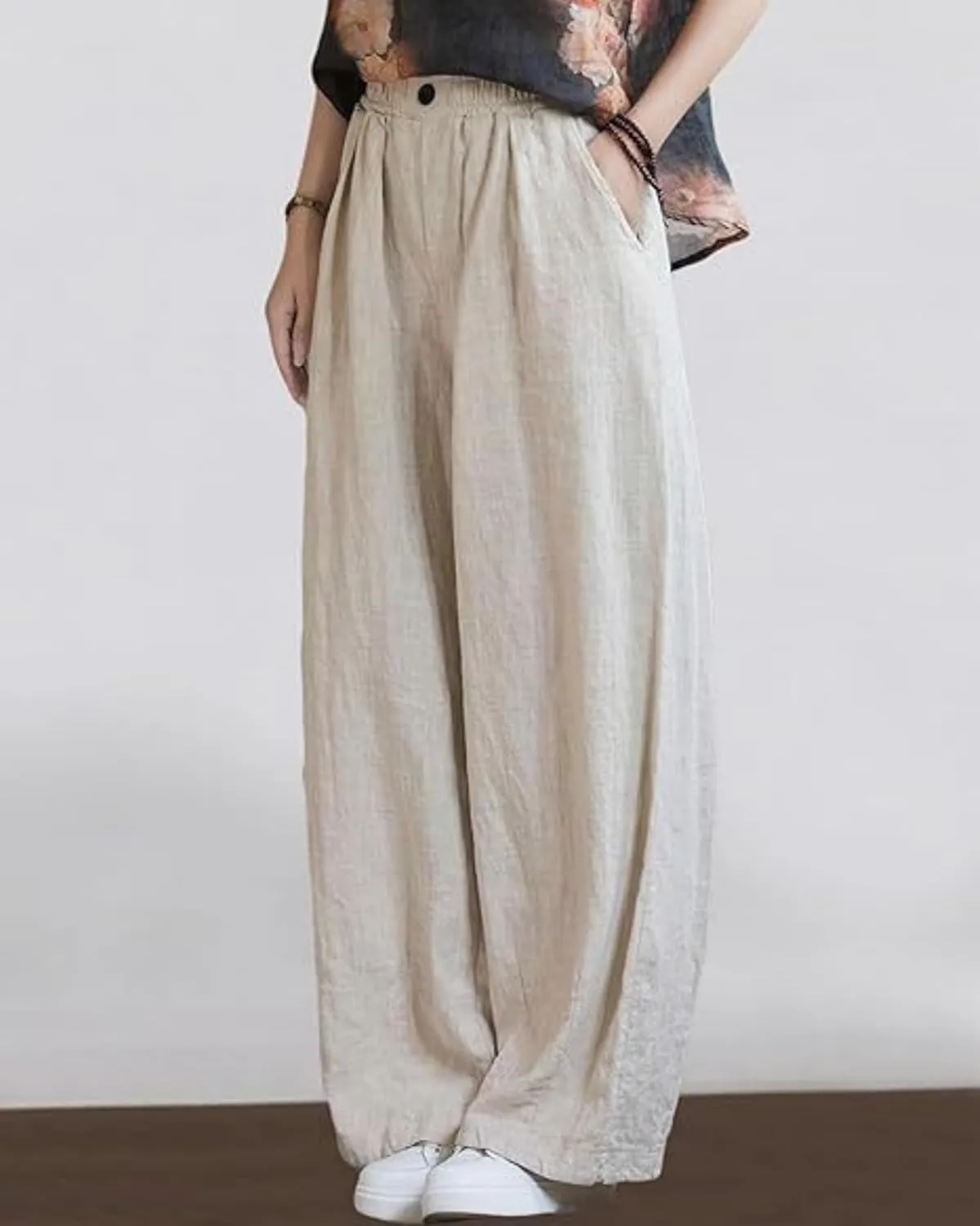 Women's Summer Cotton Linen Wide Leg Straight Pants Casual Loose Fit Elastic High Waist Palazzo Trousers with Pockets