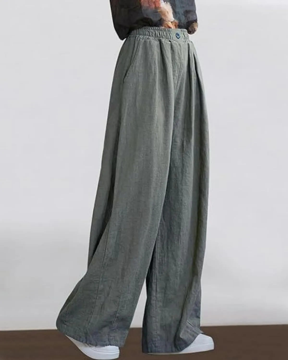 Women's Summer Cotton Linen Wide Leg Straight Pants Casual Loose Fit Elastic High Waist Palazzo Trousers with Pockets
