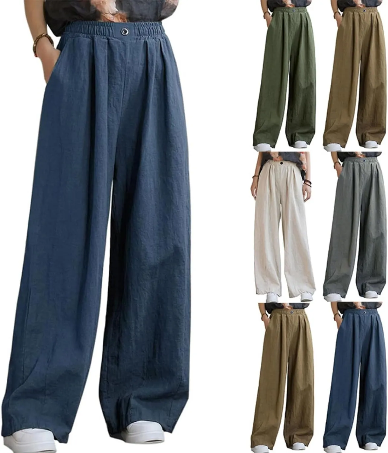 Women's Summer Cotton Linen Wide Leg Straight Pants Casual Loose Fit Elastic High Waist Palazzo Trousers with Pockets