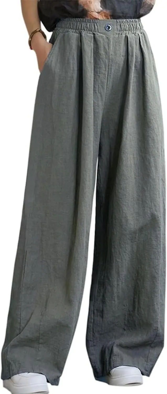 Women's Summer Cotton Linen Wide Leg Straight Pants Casual Loose Fit Elastic High Waist Palazzo Trousers with Pockets