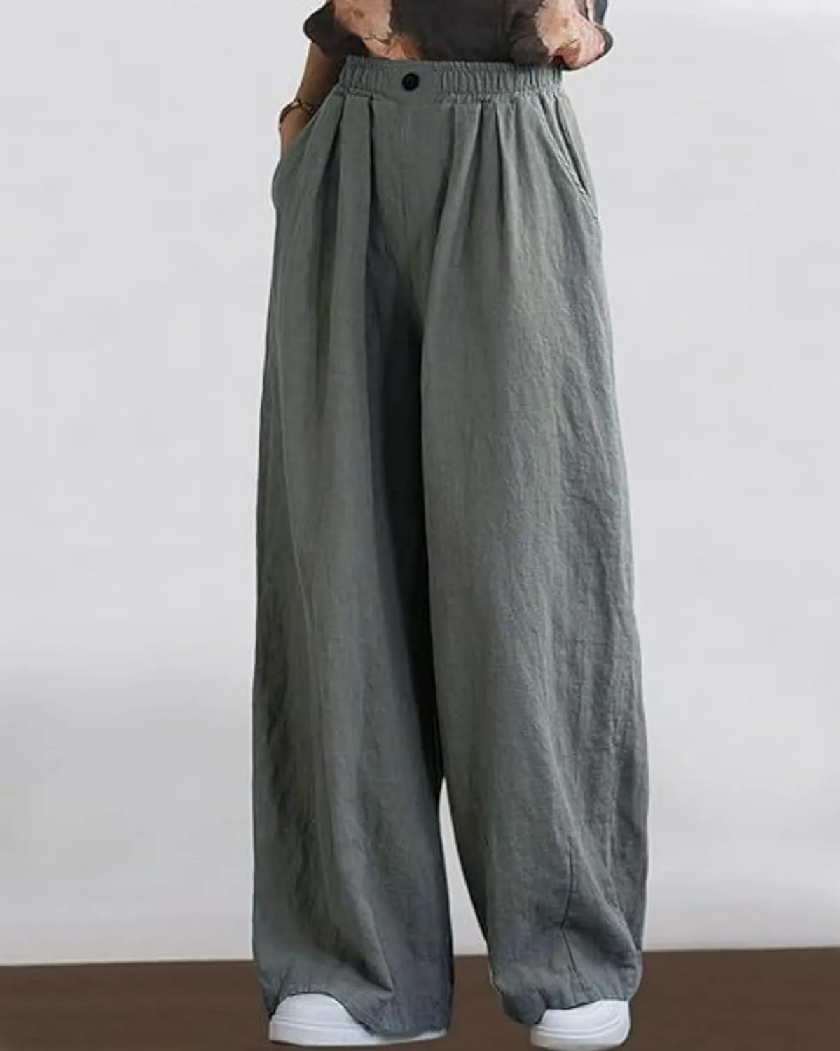 Women's Summer Cotton Linen Wide Leg Straight Pants Casual Loose Fit Elastic High Waist Palazzo Trousers with Pockets