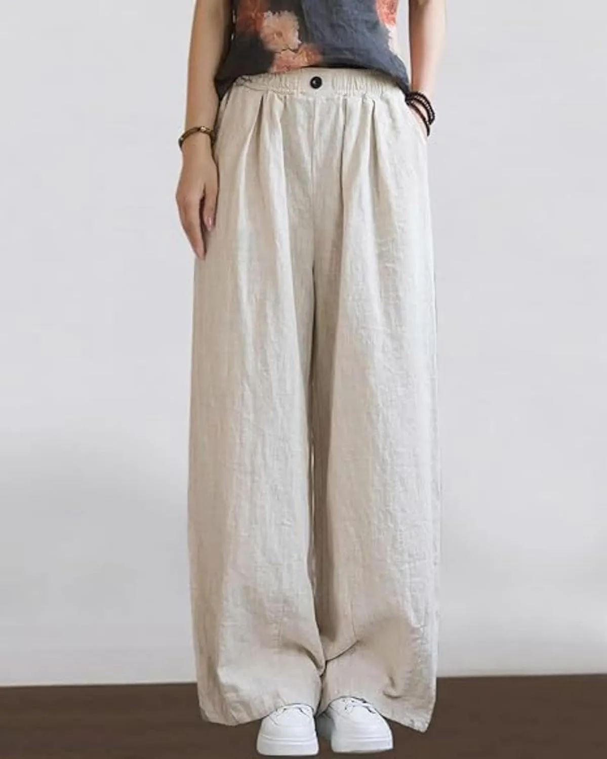 Women's Summer Cotton Linen Wide Leg Straight Pants Casual Loose Fit Elastic High Waist Palazzo Trousers with Pockets