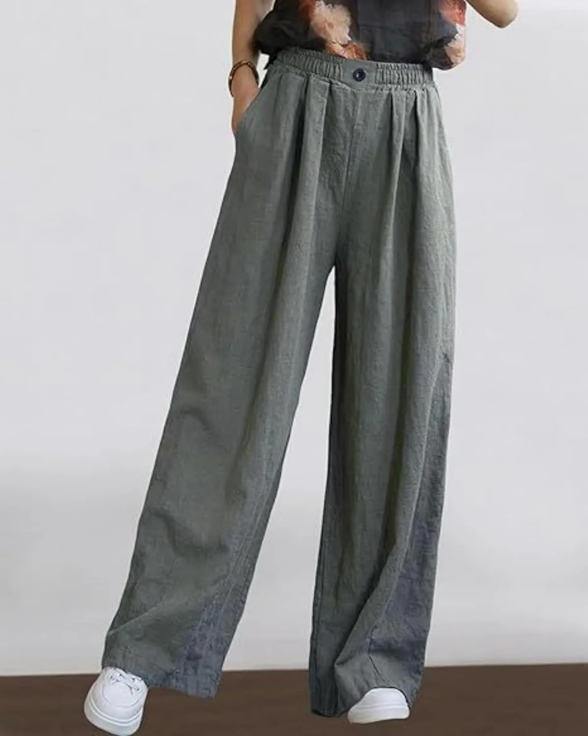 Women's Summer Cotton Linen Wide Leg Straight Pants Casual Loose Fit Elastic High Waist Palazzo Trousers with Pockets