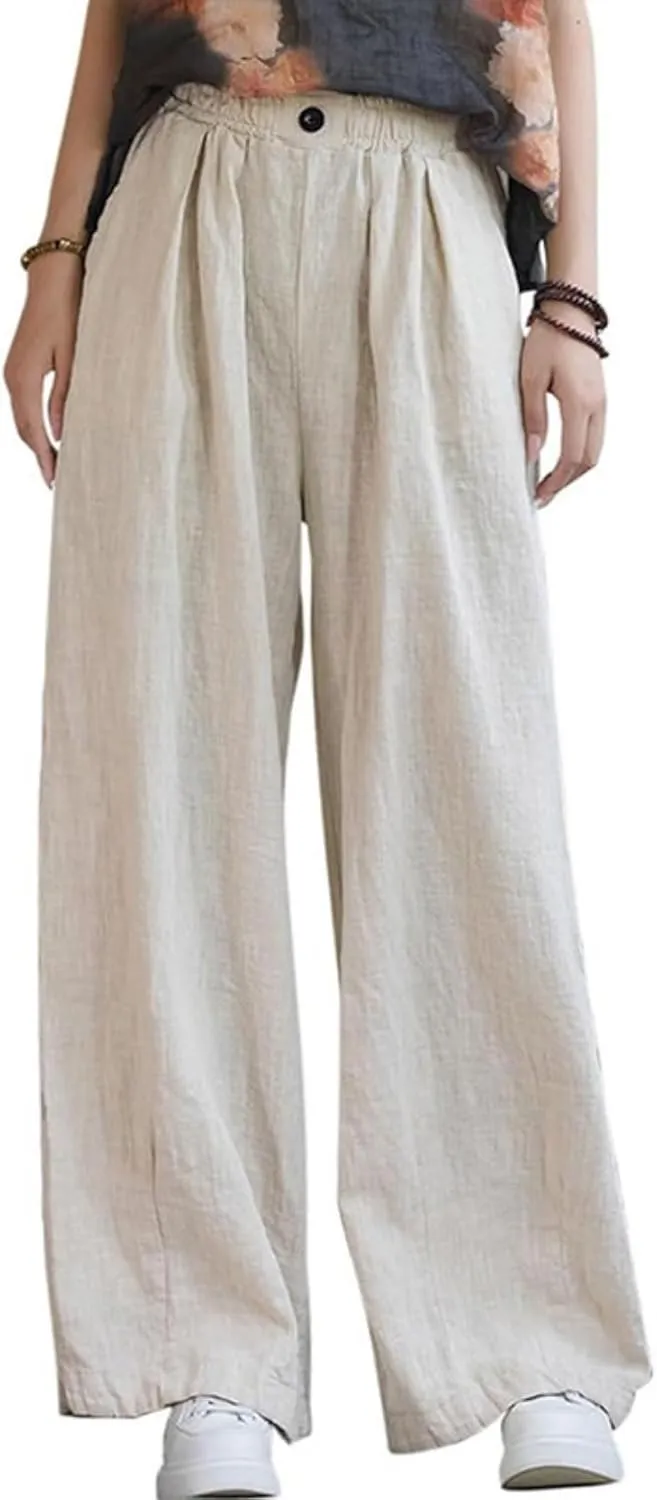 Women's Summer Cotton Linen Wide Leg Straight Pants Casual Loose Fit Elastic High Waist Palazzo Trousers with Pockets