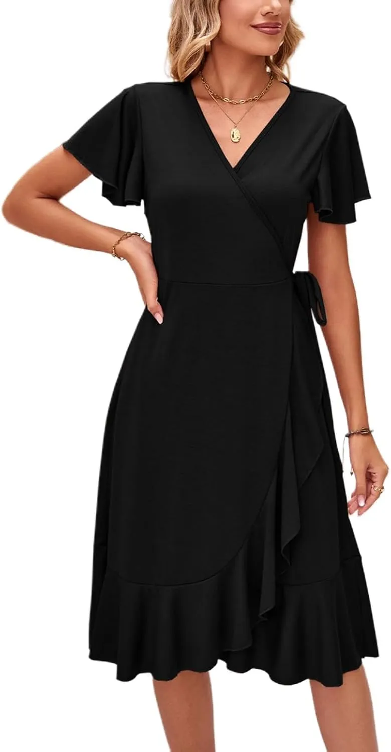 Women's Summer Dresses Midi Dress Short Sleeve Wrap V Neck Casual Belted Deep V Neck Spring