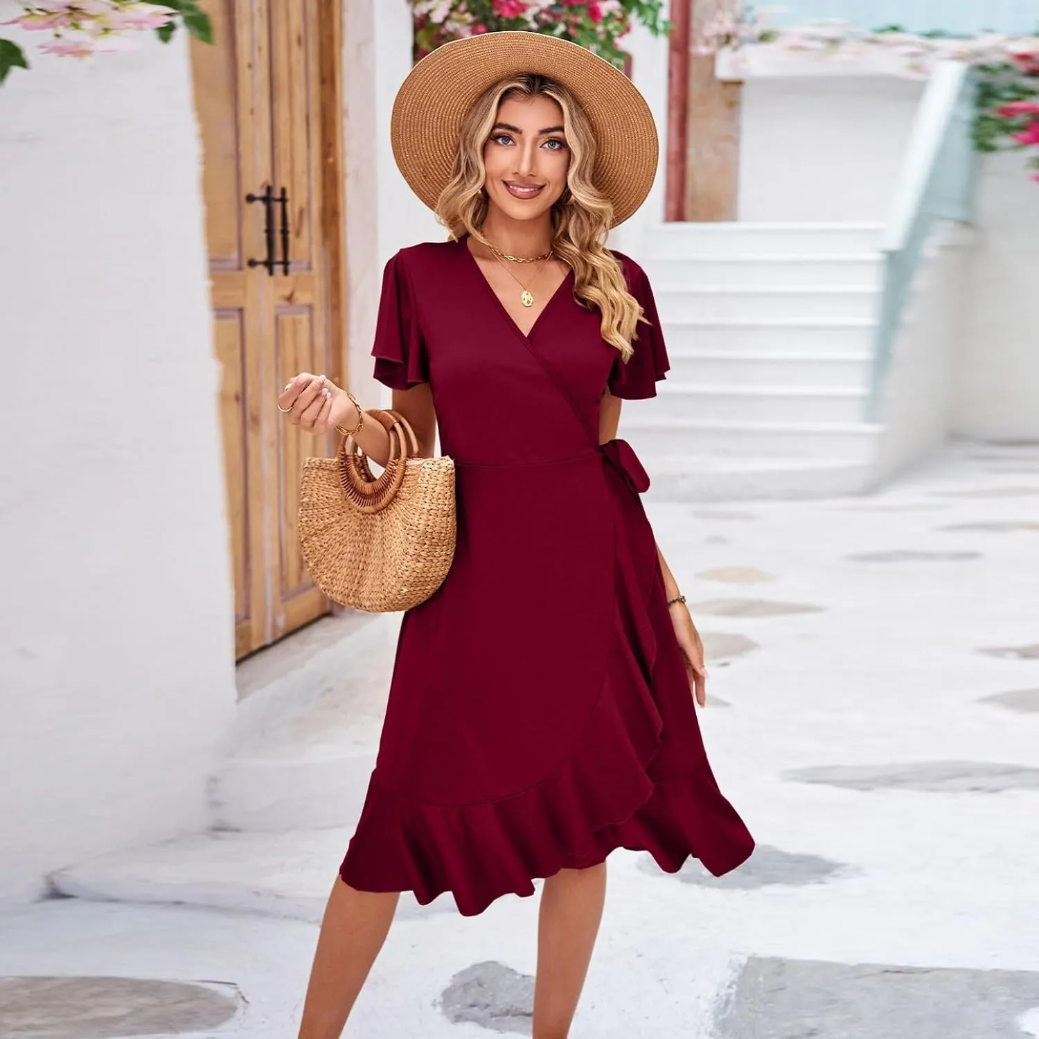 Women's Summer Dresses Midi Dress Short Sleeve Wrap V Neck Casual Belted Deep V Neck Spring
