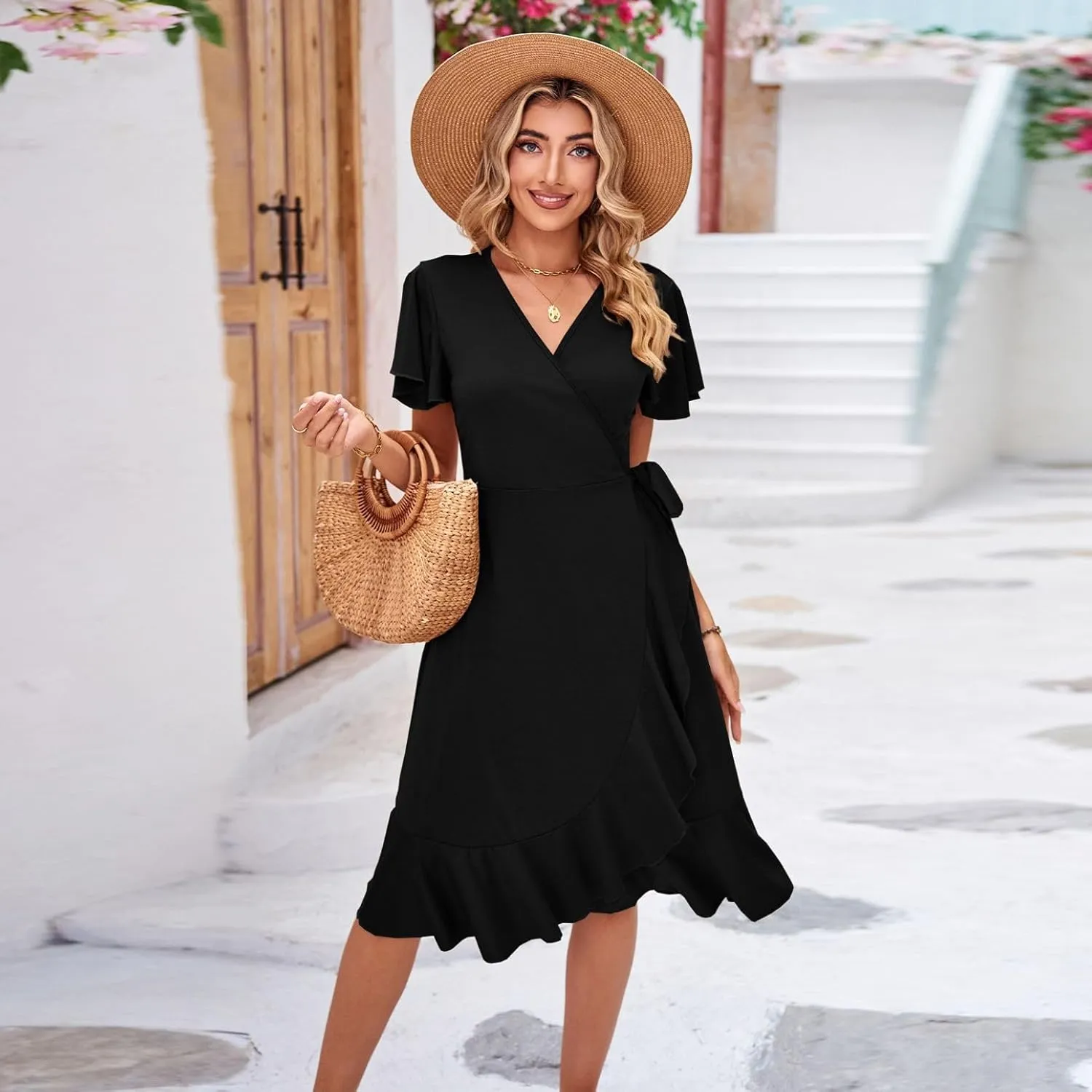Women's Summer Dresses Midi Dress Short Sleeve Wrap V Neck Casual Belted Deep V Neck Spring